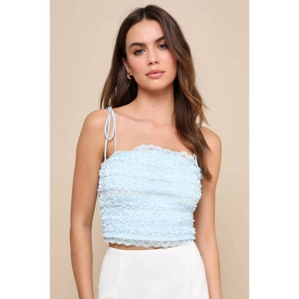 Lulus Extraordinary Darling Light Blue 3d Floral Lace Tie-strap Top - Size M